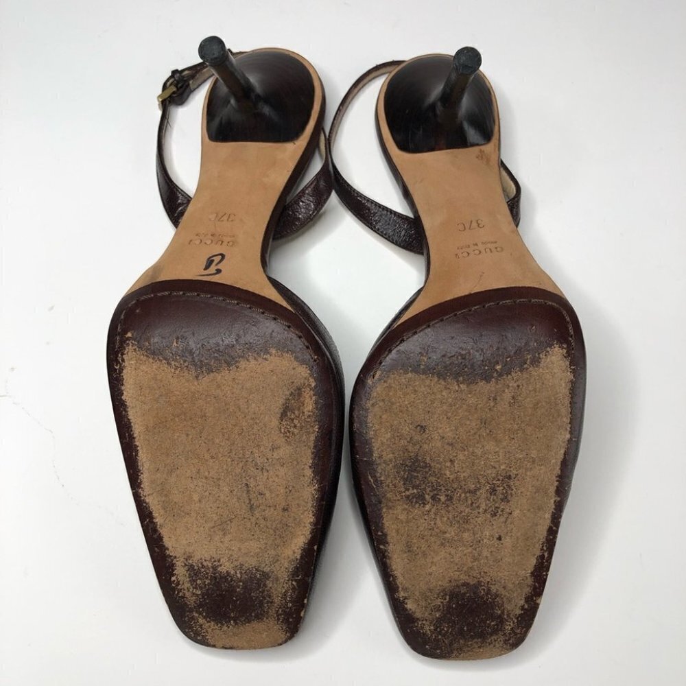 VINTAGE Gucci Leather Chocolate Brown Square Toe Slingback Designer Luxe Heels - Picture 13 of 16